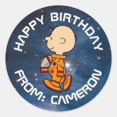 Sticker Rond ESPACE | Charlie Brown| Joyeux anniversaire (Devant)