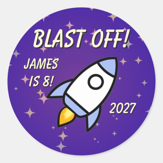 Sticker Rond Espace - Fusée Violette et Étoiles pour l'annivers (Devant)