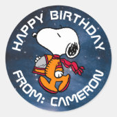 Sticker Rond ESPACE | Snoopy | Joyeux anniversaire (Devant)