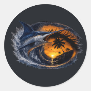 Sticker Rond Espadon Sunset Wave – Art océanique tropical surré