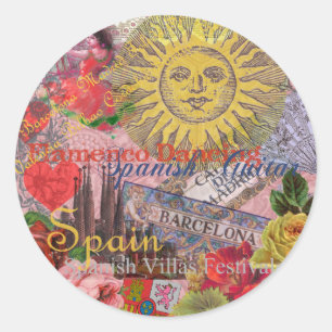 Sticker Rond Espagne Vintage Soleil Voyage Collage Rétro Europe
