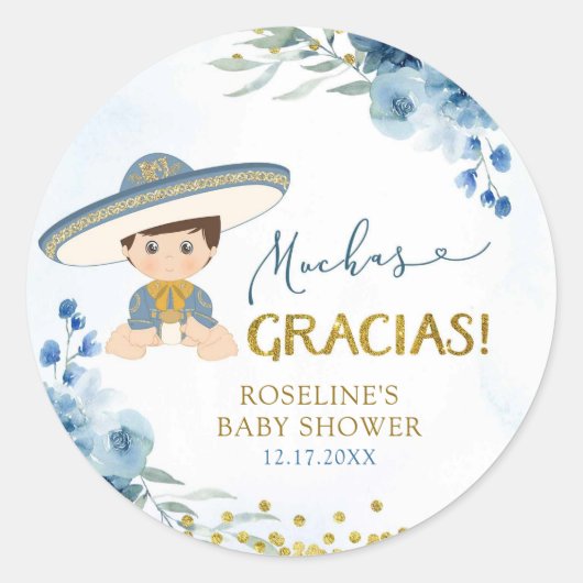 Sticker Rond Espagnol Bleu Es Biñ o Baby shower Gary Gracias (Devant)