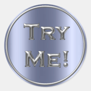 Sticker Rond Essayez-moi Silver Grey Blue Tester Containers d'é