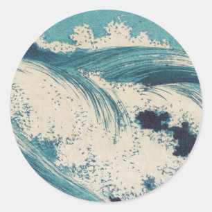 Sticker Rond Estampe antique japonaise sur bois Vagues bleues d