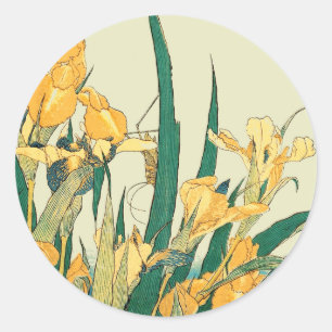 Sticker Rond Estampe vintage Iris Sauterelle de Hokusai : Japon