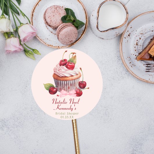 Sticker Rond Esthétique Coquette Rose Ruban Gâteau Cerise Fille