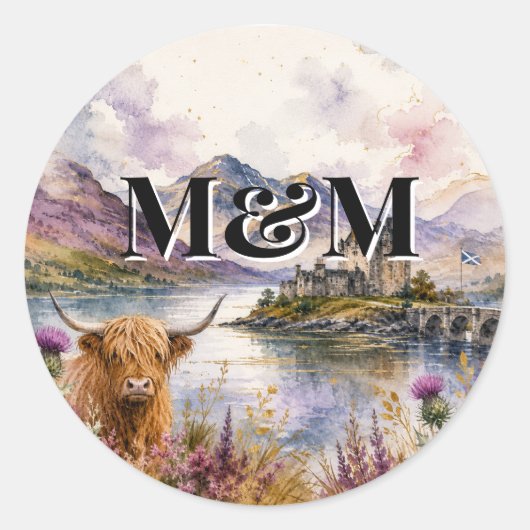 Sticker Rond Esthétique des Highlands d'Écosse, monogramme mode (Devant)