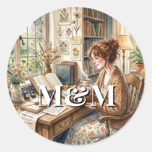 Sticker Rond Esthétique Poète, Monogramme Aquarelle Fantaisie O