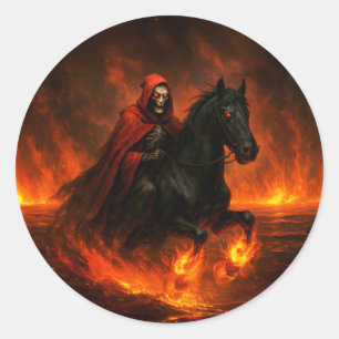 Sticker Rond Étalon noir galopant à travers la brume orange
