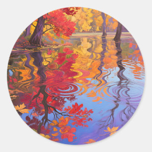 Sticker Rond Étang de réflexion automnal Impressionniste