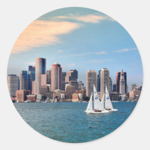 Sticker Rond États-Unis, Massachusetts. Skyline du front de mer
