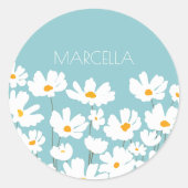 Sticker Rond Été Blanc Fleurs Cosmos Nom personnalisé (Devant)