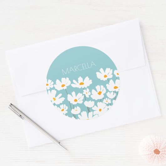 Sticker Rond Été Blanc Fleurs Cosmos Nom personnalisé (Enveloppe)