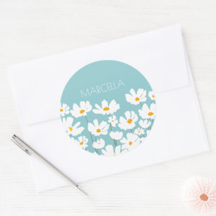 Sticker Rond Été Blanc Fleurs Cosmos Nom personnalisé