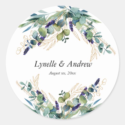 Sticker Rond Été, Bleu, Vert, Aquarelle Mariage Floral (Devant)