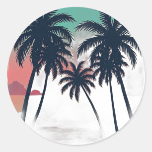 Sticker Rond Été Éternel Vaporwave Tropical Coucher de Soleil P