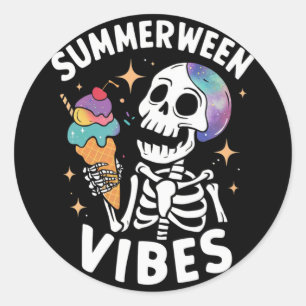 Sticker Rond Été Halloween Funky Skeleton Ice Cre