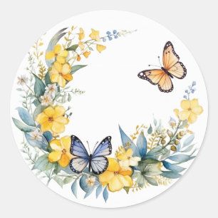 Sticker Rond Été papillon avec Fleurs fantaisie