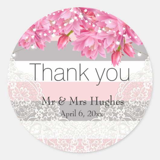 Sticker Rond Été rose et gris rayures mariage dentelle florale (Devant)