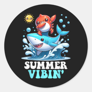 Sticker Rond Été vibre en dabant crabe surfeur requin soleil mi