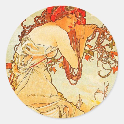 Sticker Rond Été vintage par Alphonse Mucha (Devant)