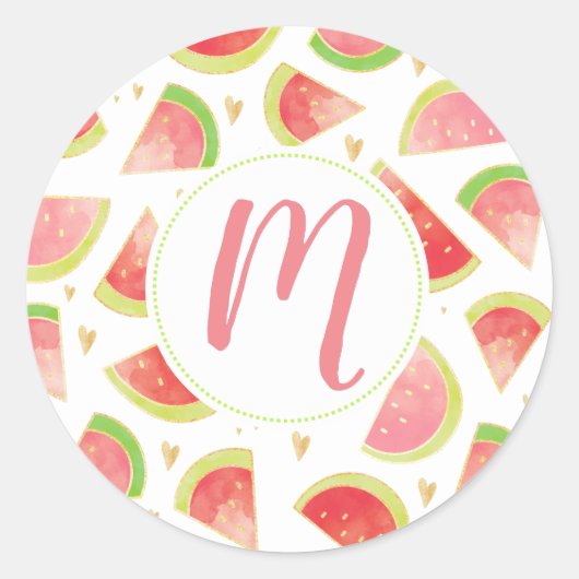 Sticker Rond Eté Watermelon Slices & Gold Heart Motif (Devant)