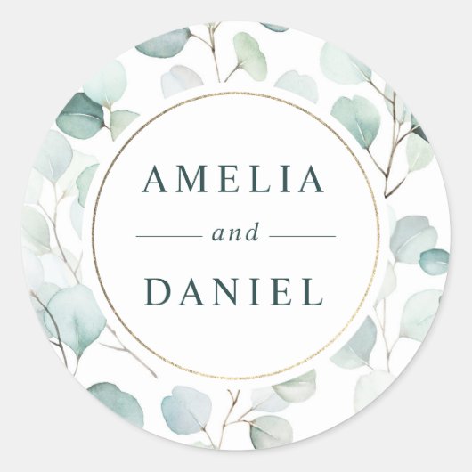 Sticker Rond Ethereal Eucalyptus Gold Frame Mariage (Devant)