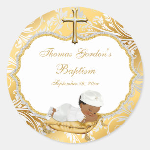 Sticker Rond Ethnic Baby Boy Baptism Gold Cross