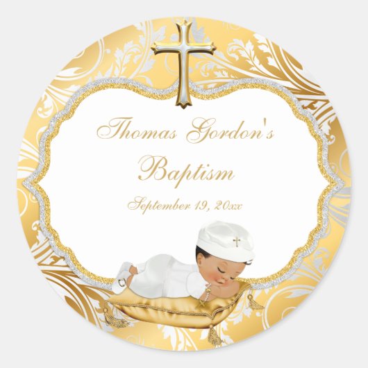 Sticker Rond Ethnic Baby Boy Baptism Gold Cross (Devant)