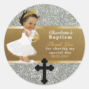 Sticker Rond Ethnic Baby Girl Baptism Merci Gold Argent