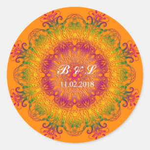 Sticker Rond Ethnic floral mandala on orange background