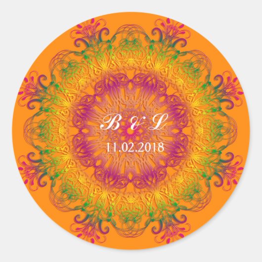 Sticker Rond Ethnic floral mandala on orange background (Devant)