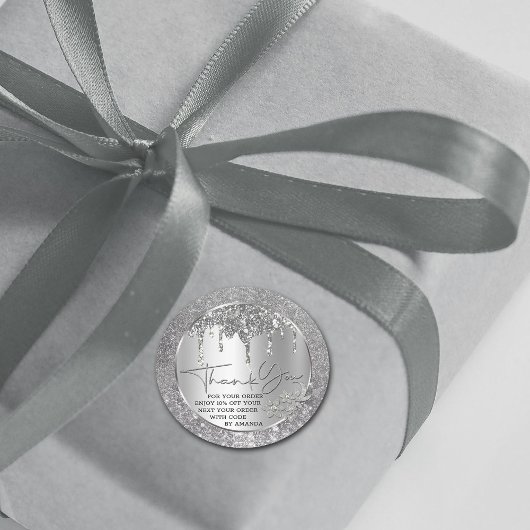 Sticker Rond Étincelle Merci Silver Dripping Glitter Classique 