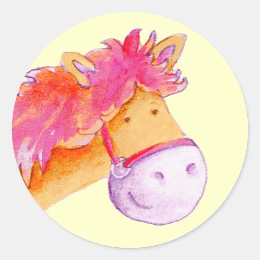 Sticker Rond Étiqueteuse de cheval de poney jaune et rose (Devant)