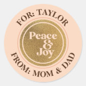 Sticker Rond Étiquette-cadeau Peace & Joy Gold et Pink Round (Devant)