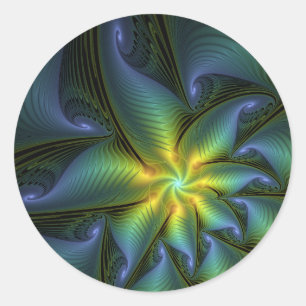 Sticker Rond Étoile abstraite, art fractal doré bleu vert brill