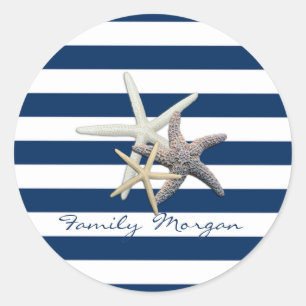 Sticker Rond Étoile de mer adorable, rayures bleu marine - Pers