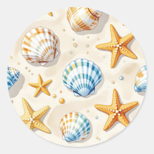 Sticker Rond Étoile de mer coquillage de mer motif de plage