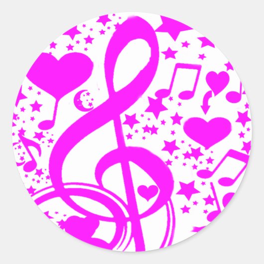 Sticker Rond Étoiles, cœurs et notes de musique - Rose (Devant)
