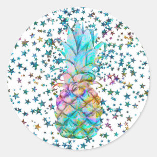 Sticker Rond Étoiles de Ananas Tropicales Fête Luau Couleurs Vi