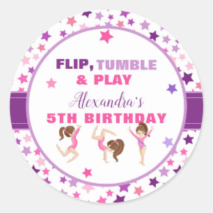 Sticker Rond Étoiles de Fête d'Anniversaire de Fille de Gymnast