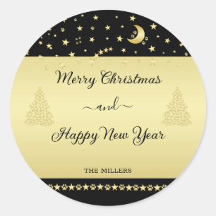 Sticker Rond Etoiles de Noël brillantes or, pattes sur or et no