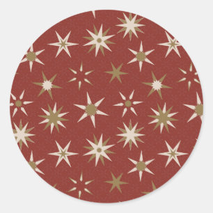 Sticker Rond Etoiles de Noël Gold Geo - sur motif rouge.