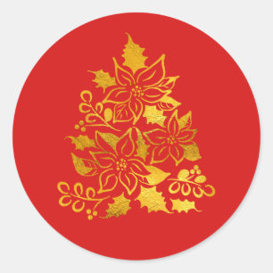 Sticker Rond Étoiles de Noël Poinsettias élégants en feuille d'