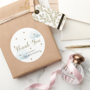 Sticker Rond Etoiles d'or et nuages bleus Merci d'anniversaire