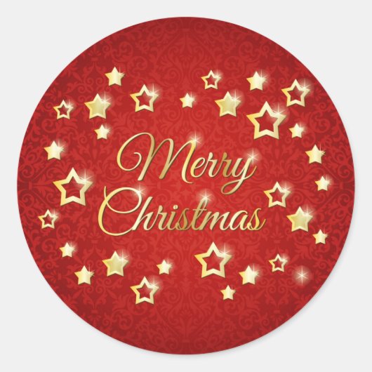Sticker Rond étoiles d'or sur damas rouge Joyeux Noël (Devant)