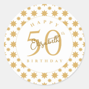 Sticker Rond Étoiles Dorées 50e Anniversaire Nom Personnalisé 