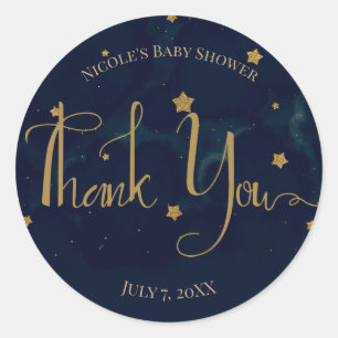 Sticker Rond Étoiles Dorées Ciel de Nuit Sombre Bleu Baby Showe