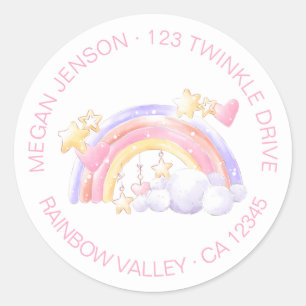 Sticker Rond Étoiles et Nuage Rose Arc-en-Ciel Mignon Adresse d