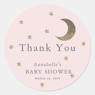 Sticker Rond Étoiles & Lune Baby shower Merci rose